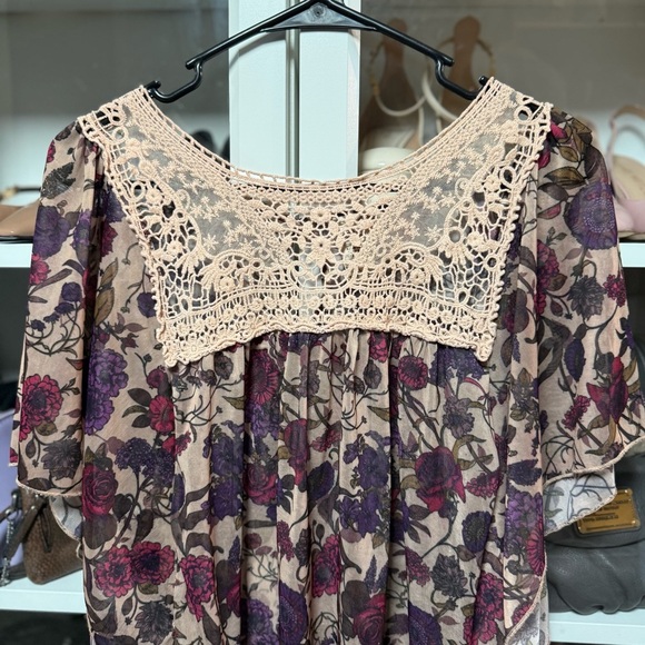 Eyelash Couture Brown Colorful Floral Patterned Lace Women's Top Size Large - Picture 2 of 5
